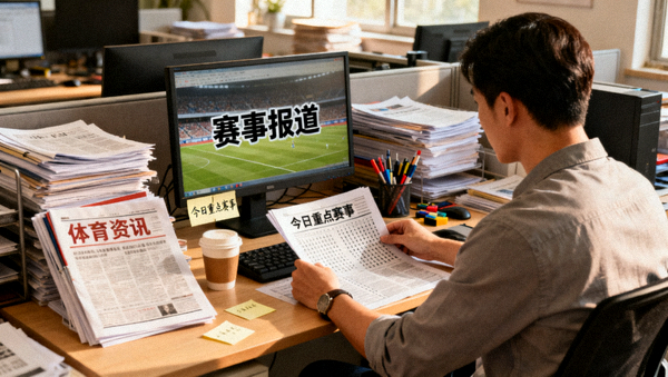体育新闻编辑现场，赛事报道与资讯内容正在整理