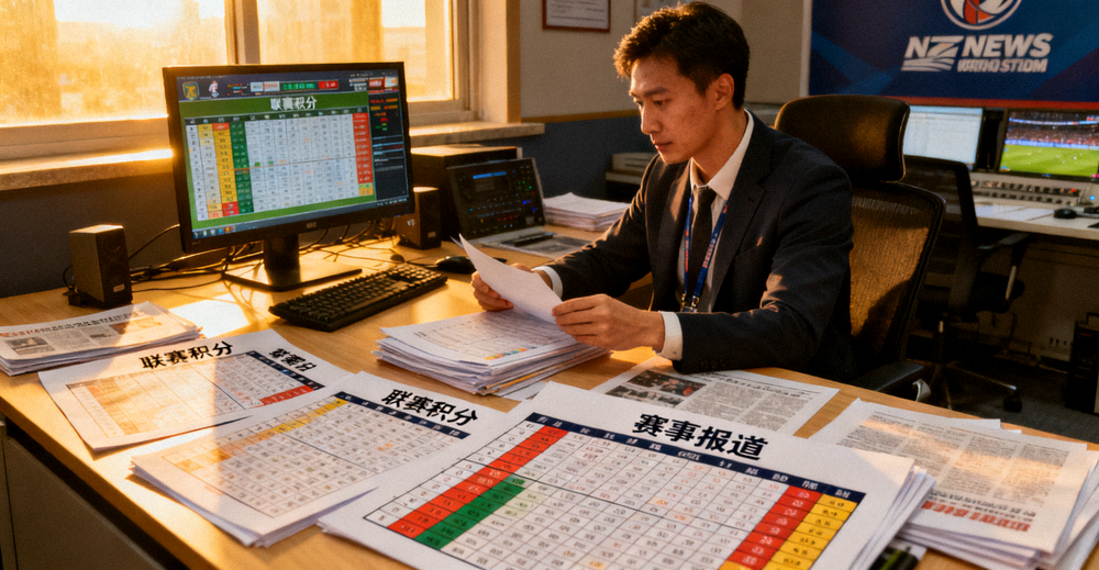 体育新闻编辑室中记者正在整理联赛积分与赛事报道资料